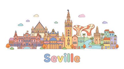Obraz premium Colorful illustrated cityscape of Seville showcasing historic buildings and lively streets