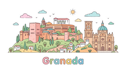 Obraz premium Whimsical illustrated panoramic depiction of Granada showcasing historic architecture and lush greenery with colorful sky elements