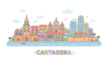 Fototapeta premium Bright and colorful illustration of Cartagena's skyline featuring historic and modern architecture along the waterfront