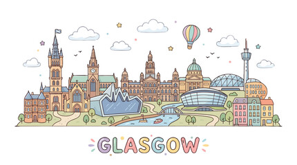 Obraz premium Whimsical artistic illustration of glasgow cityscape featuring historic architecture and modern landmarks in a colorful style