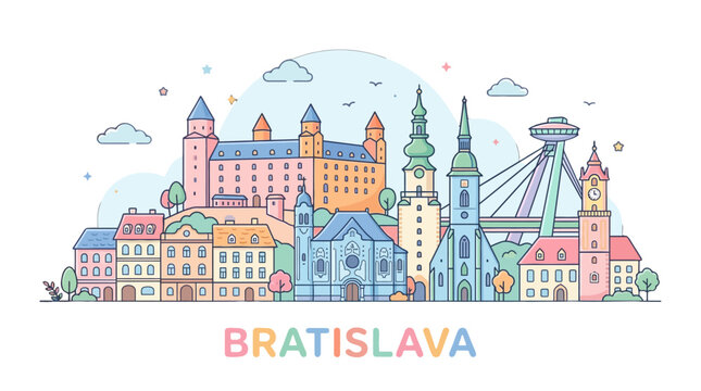 Colorful minimalist illustration of Bratislava cityscape featuring historic buildings and modern landmarks in a vibrant cartoon
