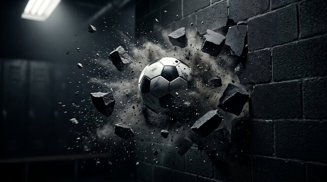 Soccer ball striking brick wall creating dynamic explosion of bricks and dust particles.