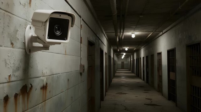 White security camera mounted on a rustic industrial wall inside a dark hallway lined with multiple metal barred prison cells waiting for inspection in an old correctional facility