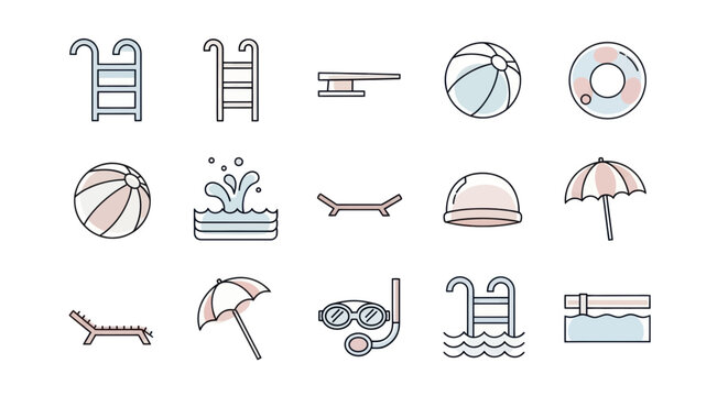 Summer Pool Icons: Beach Ball, Umbrella, Ladder, Diving Board, Snorkel Gear