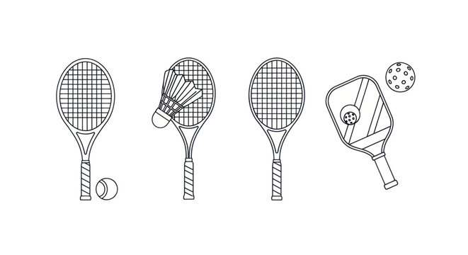 Racquet Sports Equipment: Tennis, Badminton, Pickleball - Line Art Icons