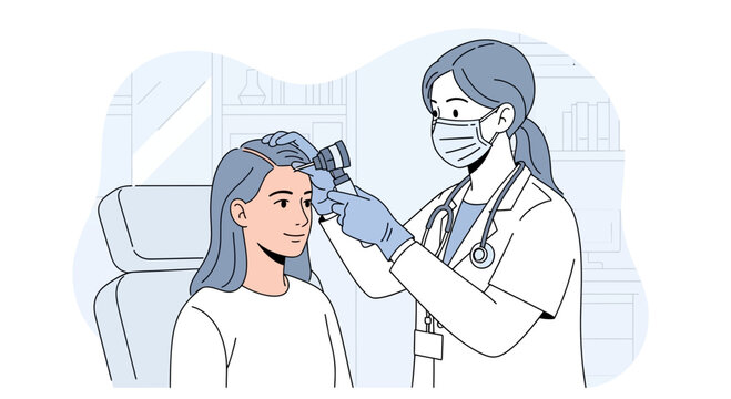 Doctor checking child's temperature with non-contact thermometer, medical check-up illustration