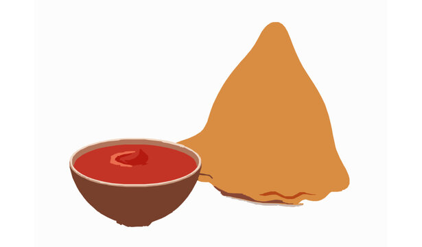 Realistic vector samosa with spicy red chutney bowl isolated clean white background food illustration
