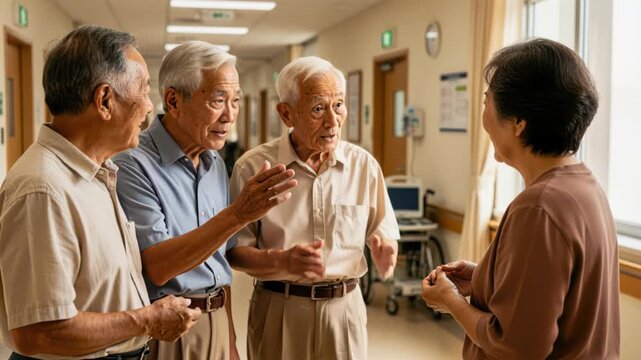 Elderly Friends Chatting in Hallway: Four senior individuals, two men and two women, engaged in a lively conversation in a well-lit hallway, sharing stories and laughter.