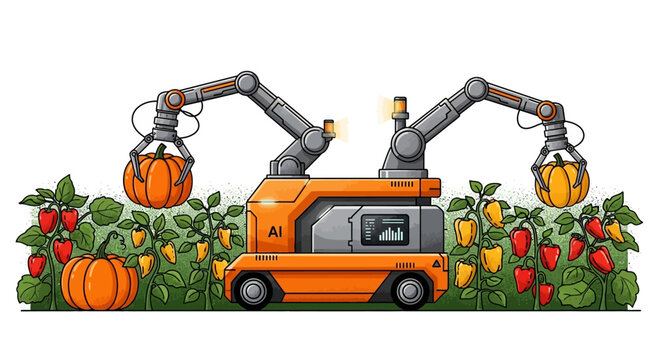 AI Agricultural Robot Harvesting Pumpkins and Peppers Vector Illustration