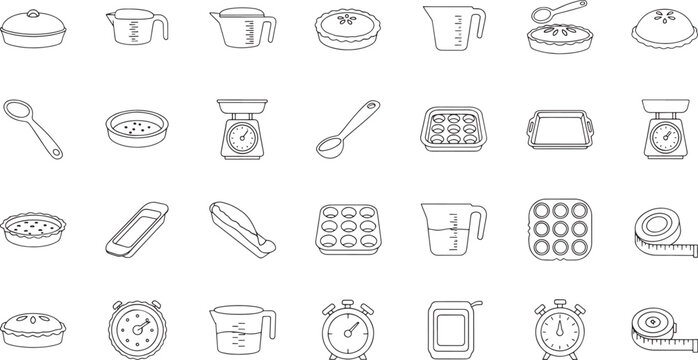 Collection of black and white line baking and kitchen utensils cooking measuring cup