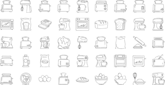 Collection of hand drawn kitchen appliances and baking ingredients in a repeating pattern toaster mixer