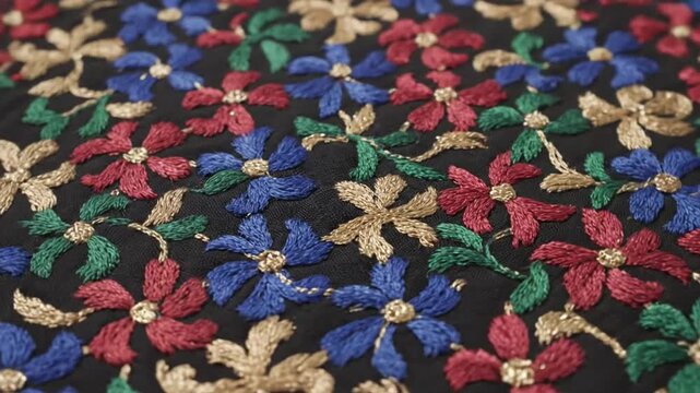 Close-up of delicate floral embroidery on black fabric, intricate colorful stitching pattern
