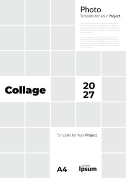 A4 photo collage template with geometric square grid layout, minimalist abstract editorial brochure and portfolio moodboard design with image placeholders for corporate presentation vecto