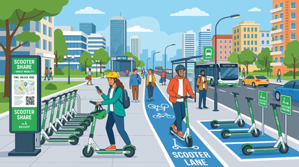 People Riding Electric Scooters Urban. © sakura