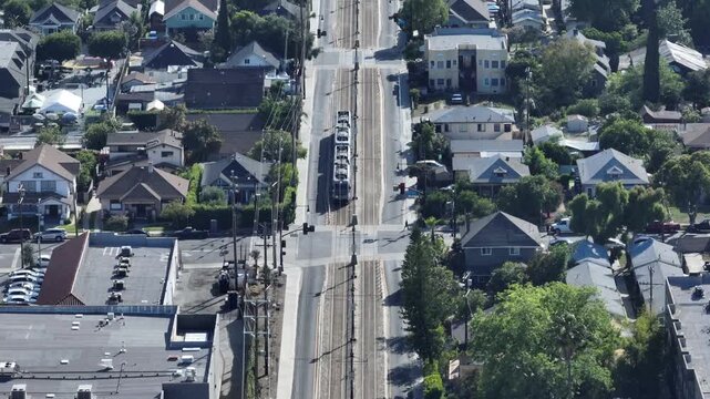 Commuter Train Through Arroyo Seco Los Angeles California Drone Aerial View