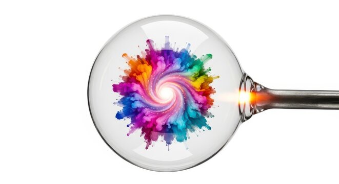Colorful molten glass bubble forming on blowpipe in glassblowing workshop