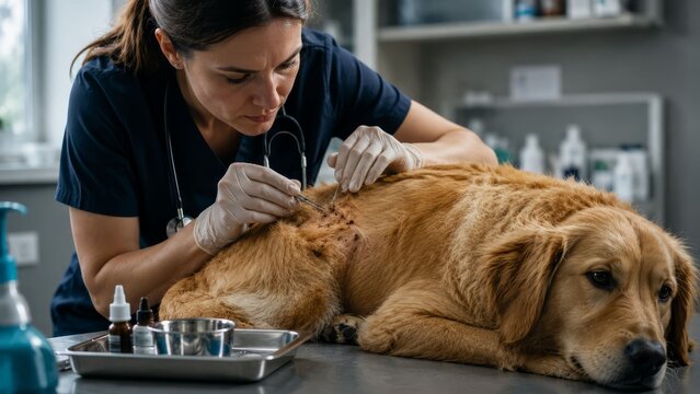 Veterinarian removing ticks from dog in clinic. Photorealistic cinematic scene.