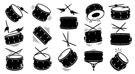 Drum Set Collection: Snare Drums and Drumsticks, Black Silhouette Icons © Abdul