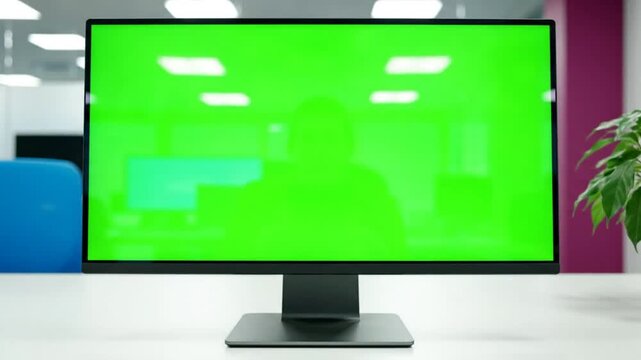 Modern desktop computer monitor with green screen reflecting a person in an office workspace with copy space