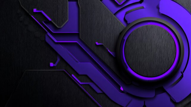 Abstract dark cyber leather textured background with purple mechanical circuit lines and circular empty frame badge for text banner