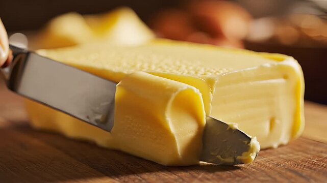 Closeup of a knife spreading butter on a wooden cutting board.