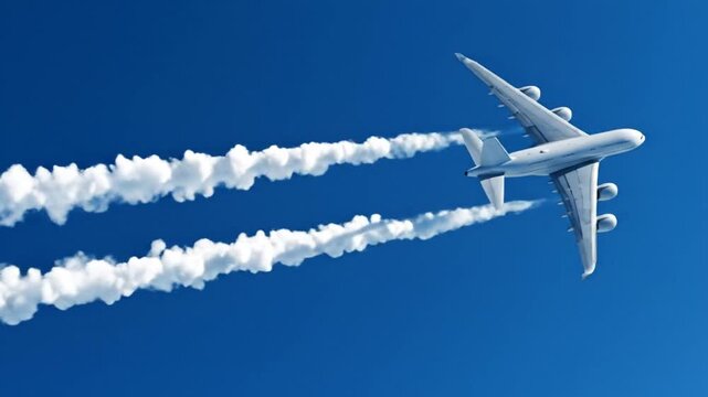 Large passenger airplane flying high in a clear blue sky leaving condensation trails behind