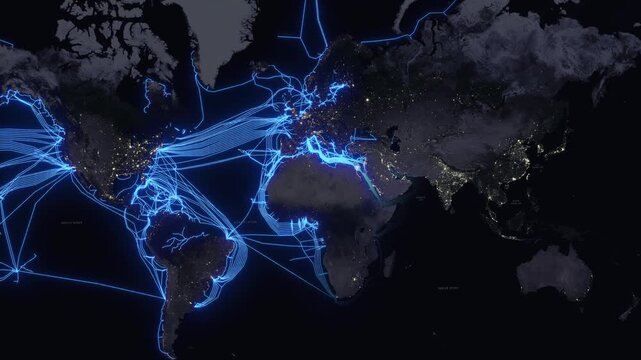 World Map Undersea Fiber Optic Cable Network Animation