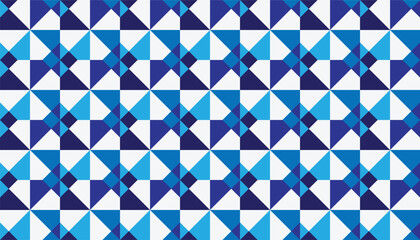 Fototapeta premium Abstract vector seamless pattern of geometric triangles forming star shapes. Classic blue, cyan, and white tile backdrop for textile fabric design, wrapping paper, and web decor.