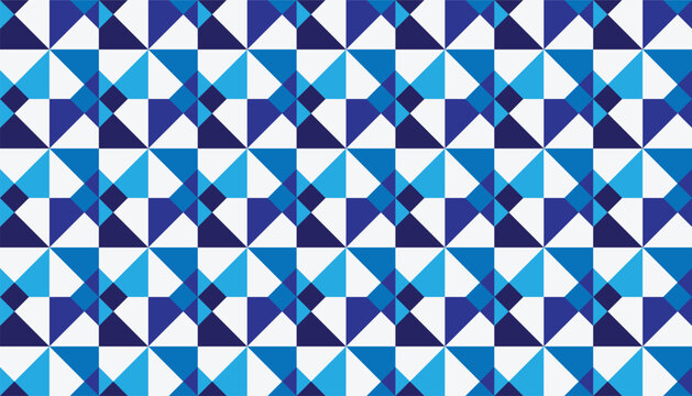 Abstract vector seamless pattern of geometric triangles forming star shapes. Classic blue, cyan, and white tile backdrop for textile fabric design, wrapping paper, and web decor.