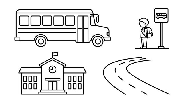 Black and white line art vector illustration of school bus transportation, featuring a student waiting at a bus stop, an educational building, and a winding road graphic design.