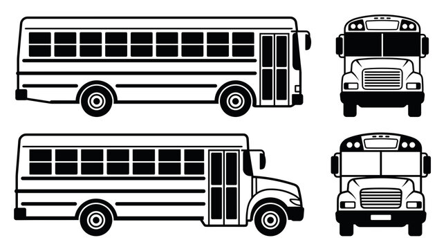 Black and white vector set of school bus vehicle silhouettes from side and front view, isolated on white background for education transportation and public transit graphic design.