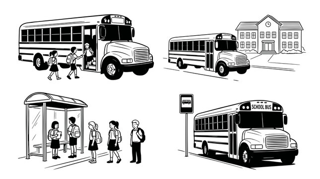 Detailed black and white vector illustration set of children boarding a school bus, kids waiting at a covered bus stop shelter, and vehicles arriving at an educational building.