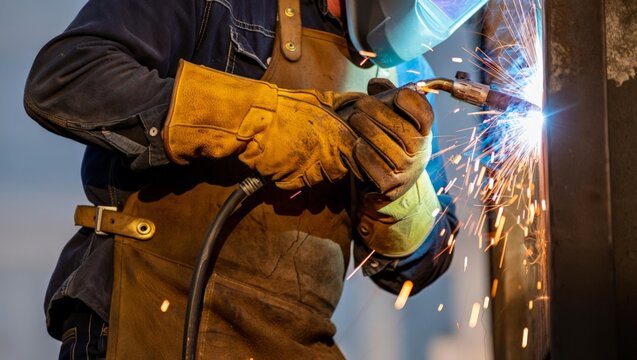 Welder in brown leather welding apron and thick gloves holding torch on a steel pipe, producing a blue arc with a shower of orange sparks. Dark industrial setting with dramatic arc lighting.