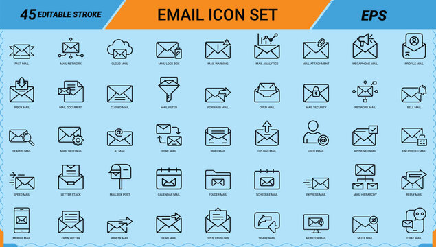 Email line art icons set, inbox mail, send mail, mail security, cloud mail, forward mail, mailbox post, mobile mail, mail analytics, encrypted mail, editable stroke, Vector EPS