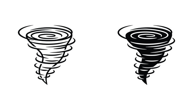 Tornado whirlwind natural disaster icon vector illustration in black and white line art and solid silhouette style for weather forecasting