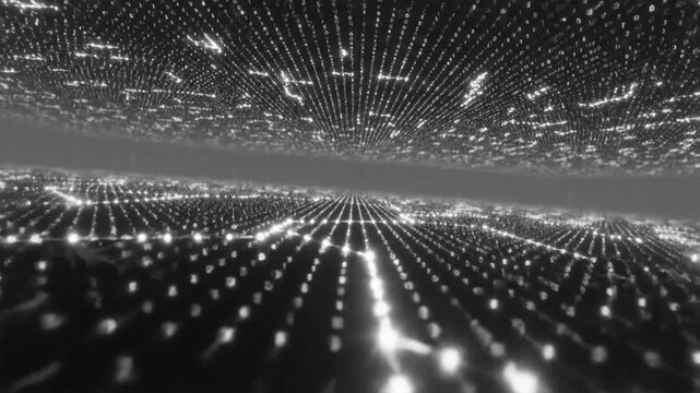 Abstract Digital Data Visualization with a Gridded Perspective and Glitching Code Symbols