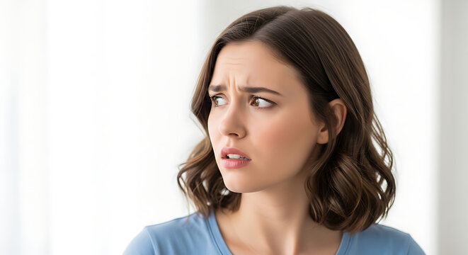 Confused young female portrait looking away in bewilderment against a clean minimalist white studio backdrop, expressing doubt, uncertainty, and curiosity through facial expression and gesture