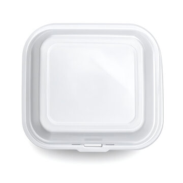 Isolated white disposable food container with a hinged lid, top view, clean and simple design for takeout and delivery