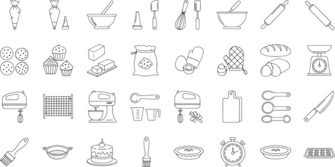 Fototapeta premium Collection of baking ingredients and tools line on white background cooking kitchen