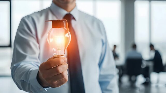 Businessman holding a glowing light bulb with a graduation cap on top symbolizing a bright new innovative idea or educational achievement.