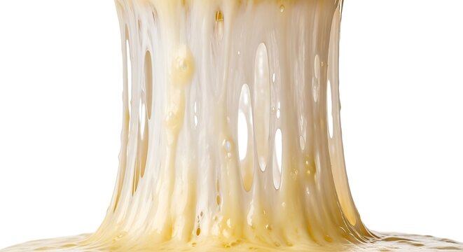 Molten cheese flowing down surface.