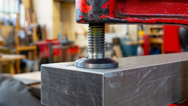 Extreme macro close-up of a worn red G-clamp with a threaded screw pressing firmly down on the edge of a square steel bar block, in a metal workshop with blurred tools in the background.