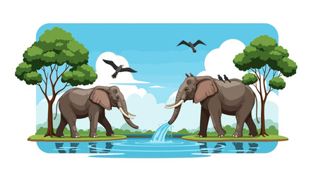 Elephants drinking water in a vibrant savanna landscape with birds and trees © selendang
