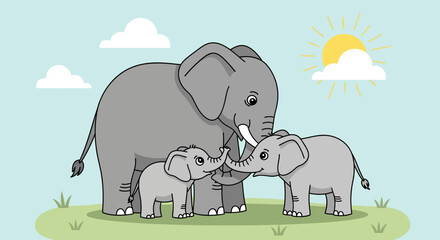 Family of Elephants with Babies in Sunny Day - Cute Cartoon © selendang