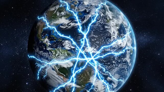 Global electric grid animation of planet earth shows interconnecting lightning bolts and energy around the globe in space