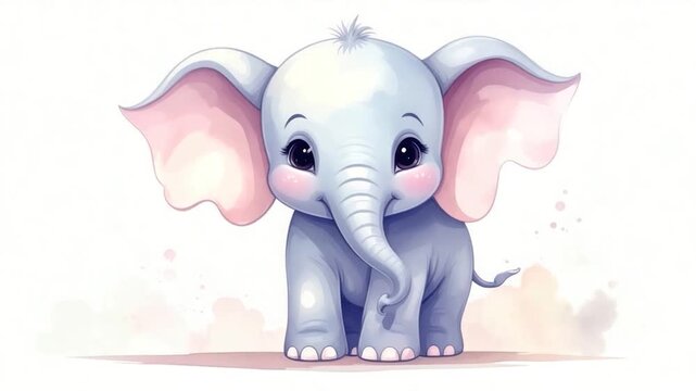 Adorable baby elephant illustration with oversized ears, big eyes, and watercolor style on white