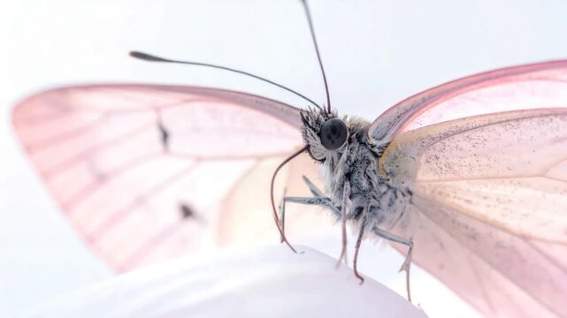 Close-up of a butterfly with translucent, pale pink wings resting on a light-colored surface