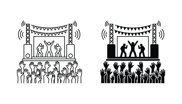 Crowd cheering at concert stage vector icon set with outline and solid silhouette for music event and party design