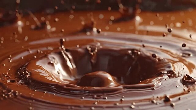 A crown shaped splash of liquid brown chocolate creates ripples in a dark pool