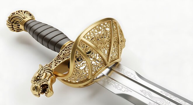 Ornate gold sword handle closeup detail.